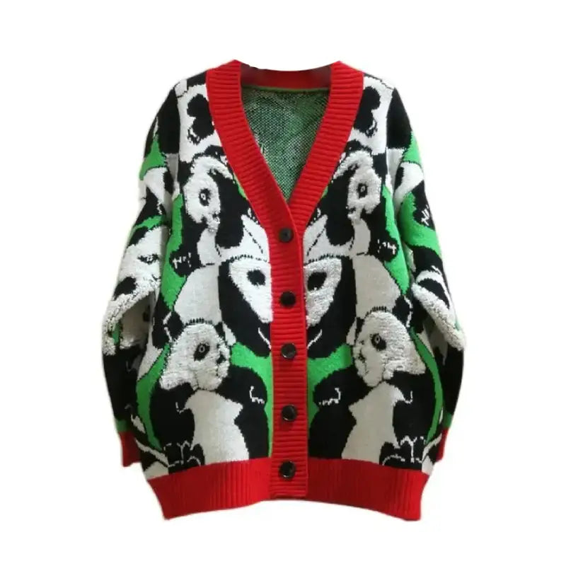 Panda Long Sleeve V Neck Knit Cardigan Red / S