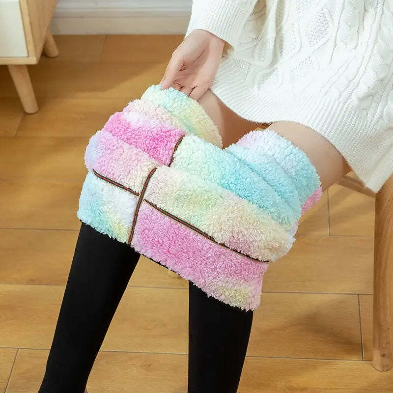 Pantyhose Pastel High Waist Fleece Warm Leggings Blue