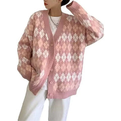 Pastel Argyle Pattern Long Sleeve Buton Up Knitted Cardigan