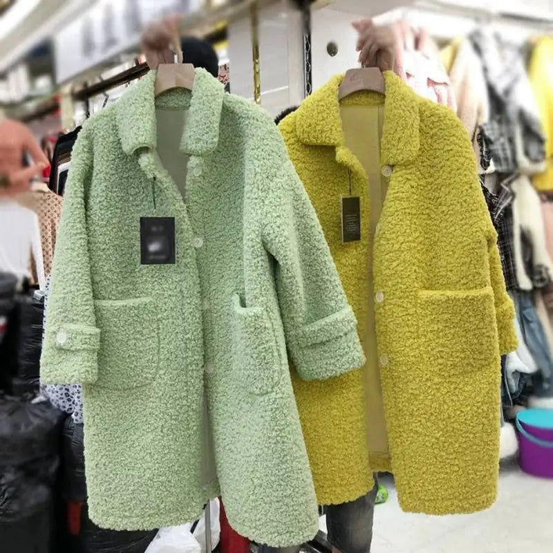 Pastel Color Fluffy Faux Long Coat with Pockets green / M