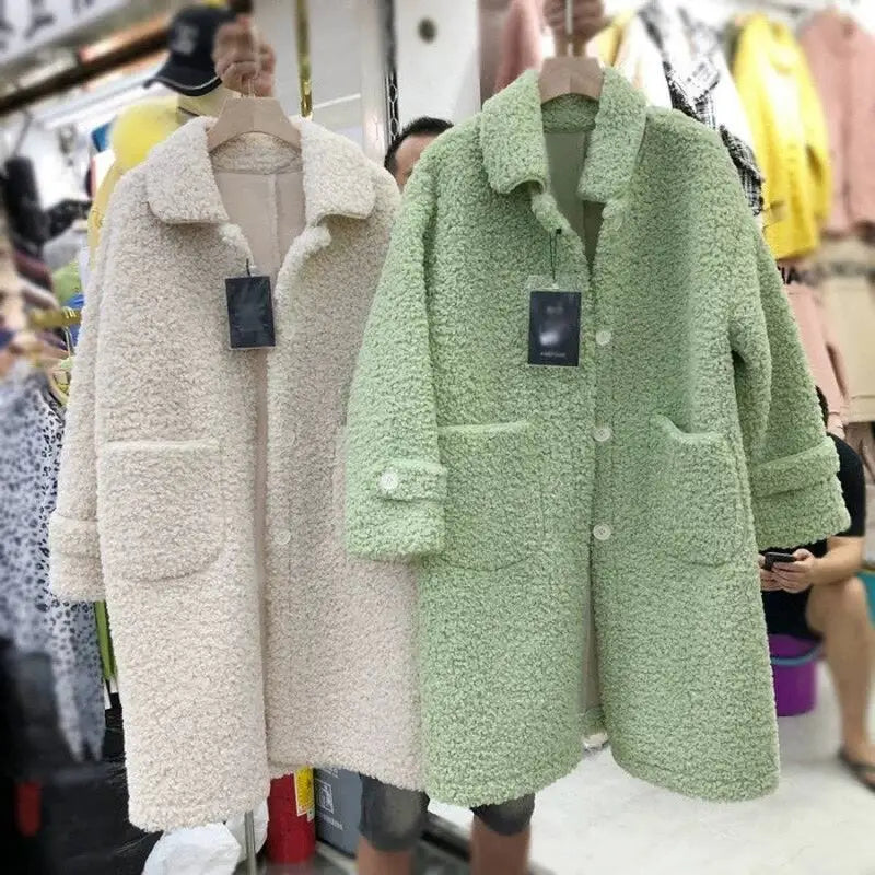 Pastel Color Fluffy Faux Loose Long Coat With Pockets