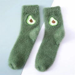 Pastel Color Fruit Fluffy Socks - Dark Green / One Size