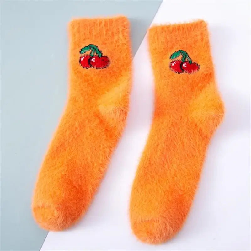 Pastel Color Fruit Fluffy Socks - Orange / One Size