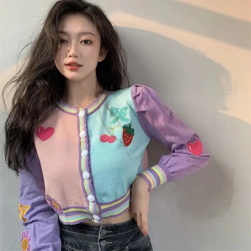 Pastel Embroidered Strawberry Heart Jacket - Pink / One Size