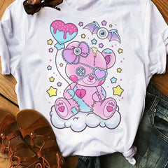Pastel Goth Cartoon Harajuku T Shirt White-Bear / XS