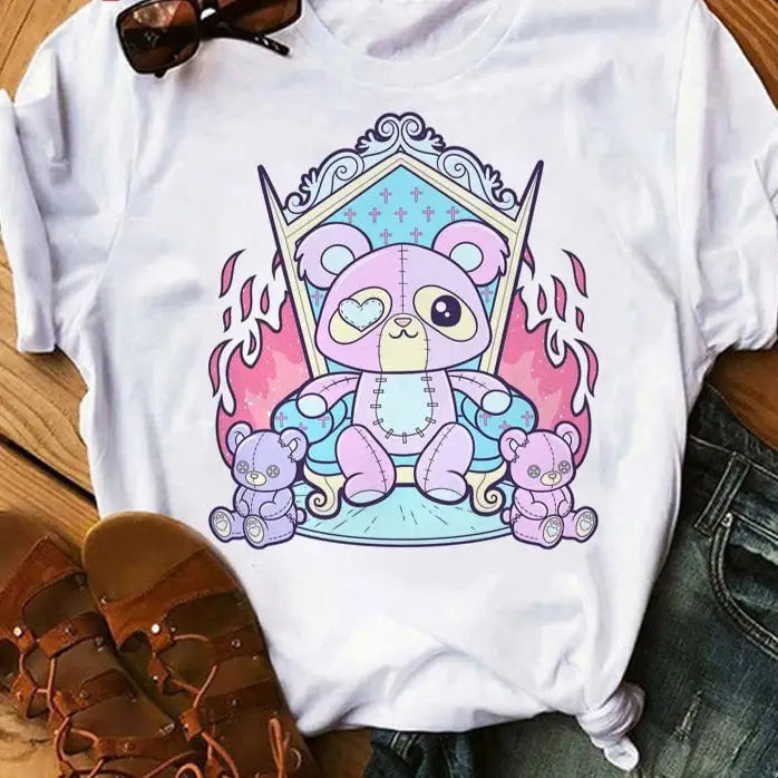 Pastel Goth Cartoon Harajuku T-shirt - white-bear / XS