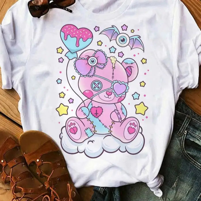 Pastel Goth Cartoon Harajuku T-shirt - White-Bear / XS