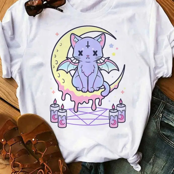 Pastel Goth Cartoon Harajuku T Shirt White-Cat / XS