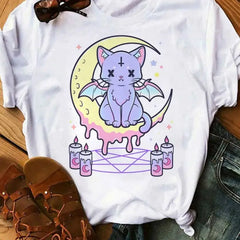 Pastel Goth Cartoon Harajuku T Shirt White-Cat / XS