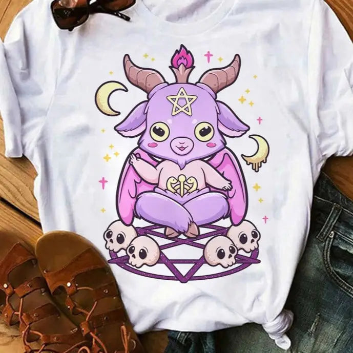 Pastel Goth Cartoon Harajuku T-shirt - White-Goat / XS