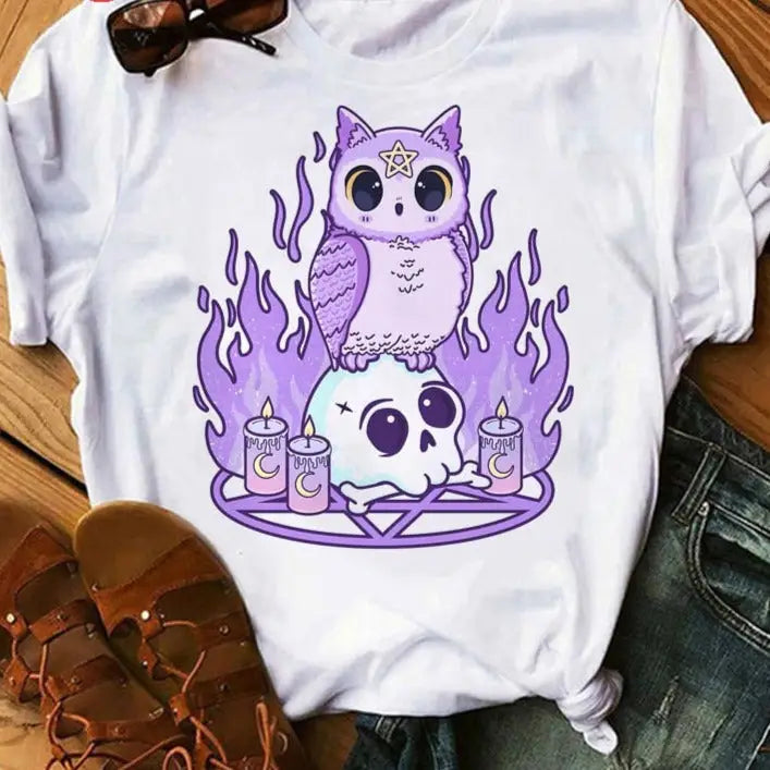 Pastel Goth Cartoon Harajuku T-shirt - White- Owl / XS