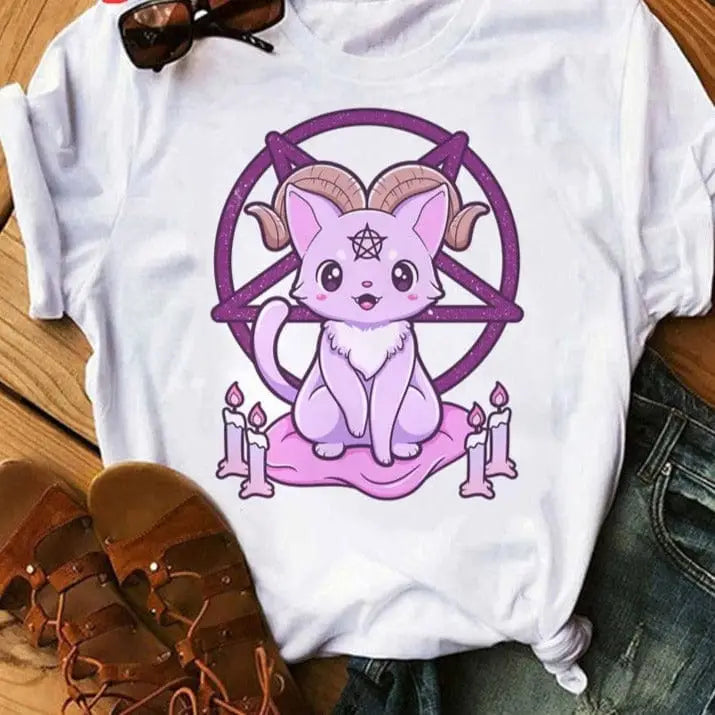 Pastel Goth Cartoon Harajuku T-shirt - White-Pink. / XS