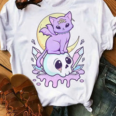 Pastel Goth Cartoon Harajuku T Shirt White-Purple / XS