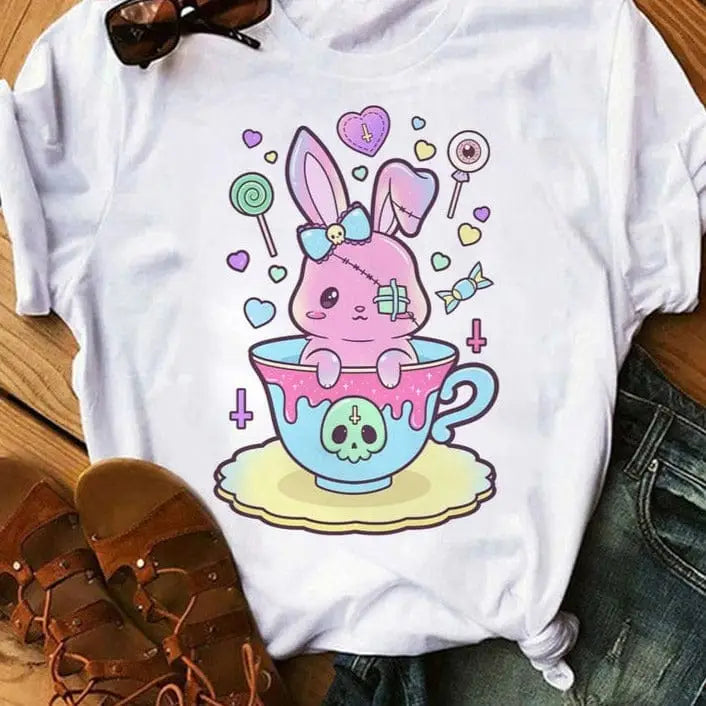 Pastel Goth Cartoon Harajuku T Shirt White-Rabit / XS