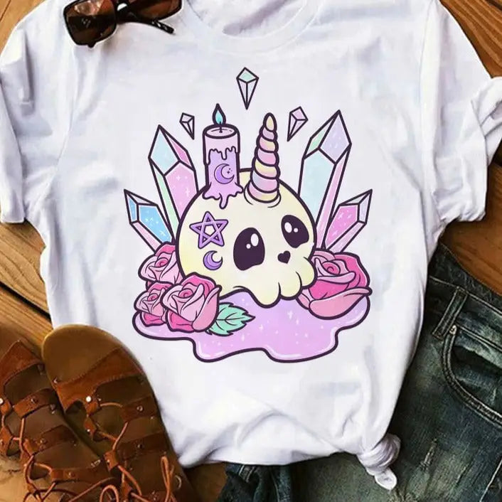 Pastel Goth Cartoon Harajuku T-shirt - White-Skull / XS