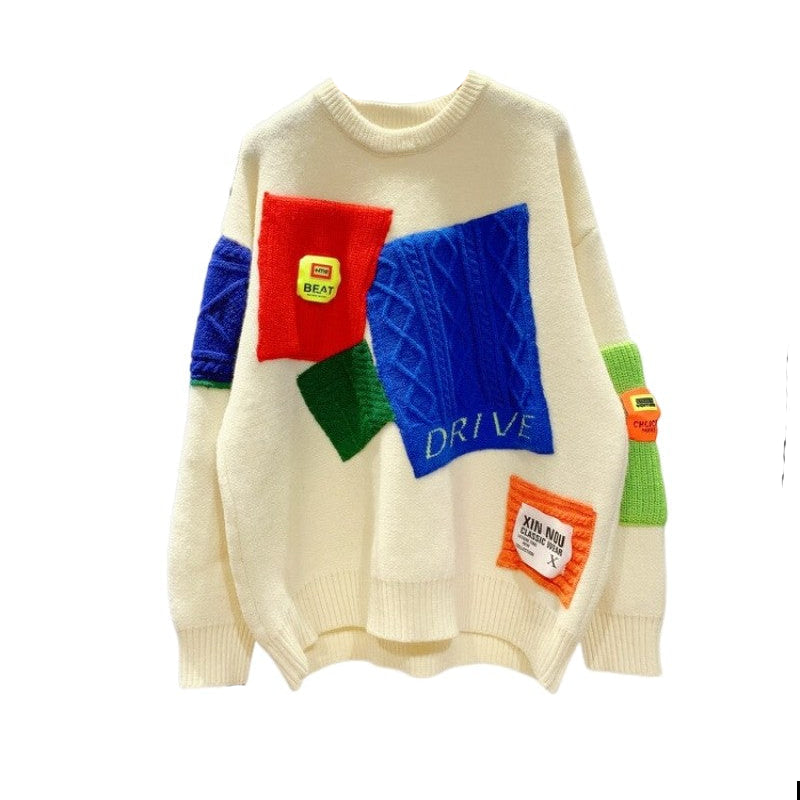Patch Color Contrast Appliques Knitted Oversize Sweater -