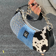 Patchwork Bag With Zip And Chains - Grey / One Size