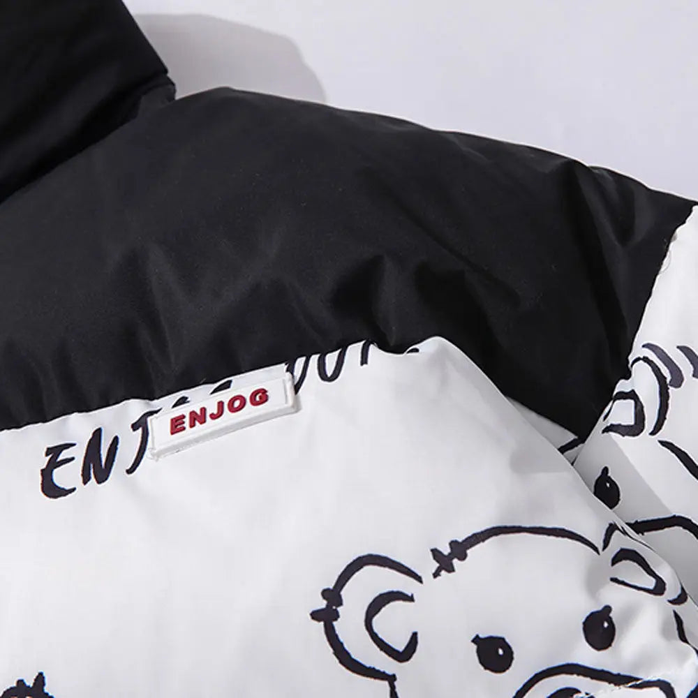 Patchwork Cartoon Bear Heated Parka for Winter