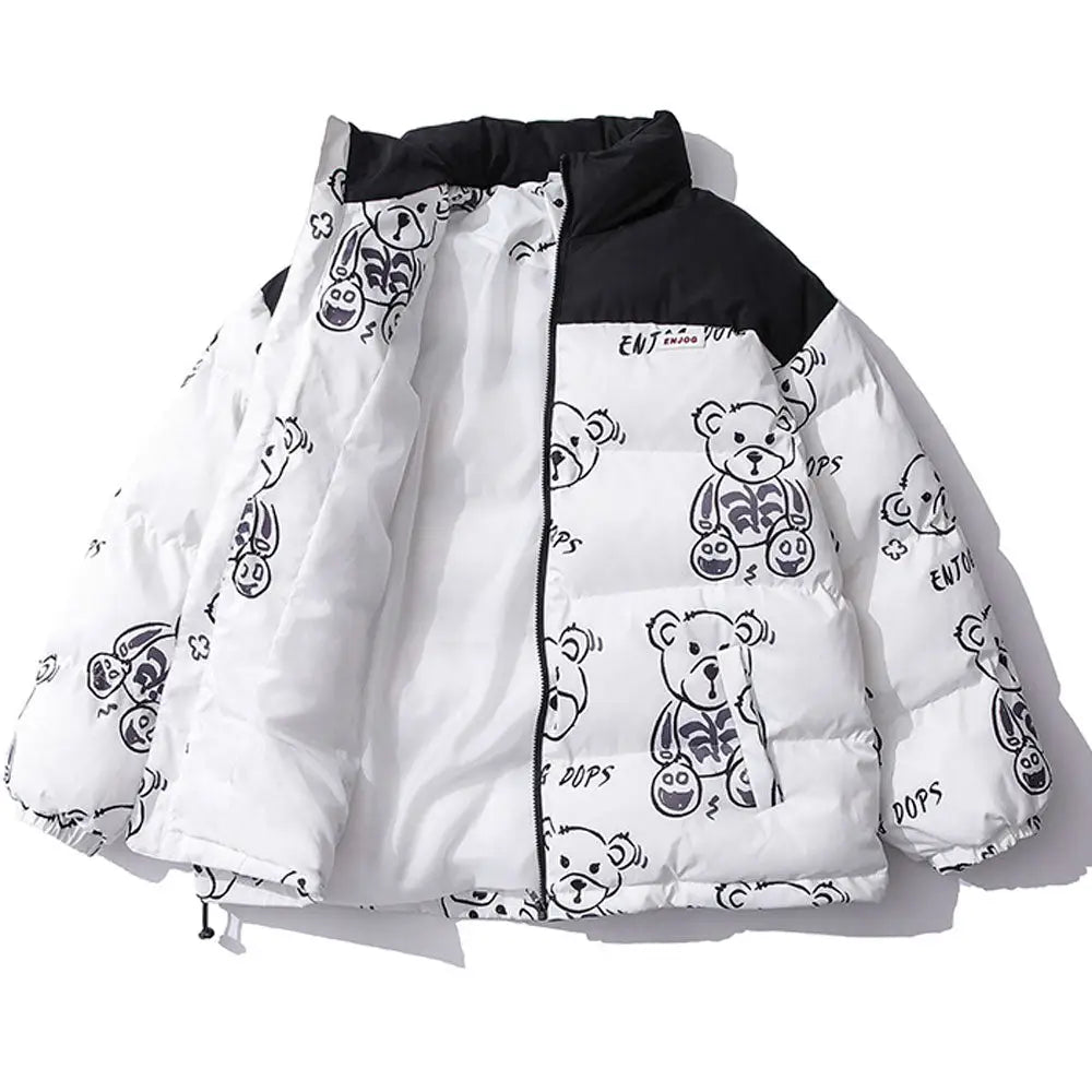Patchwork Cartoon Bear Heated Parka for Winter