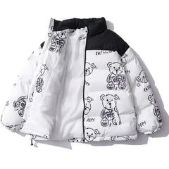 Patchwork Cartoon Bear Heated Parka for Winter