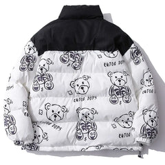 Patchwork Cartoon Bear Heated Parka for Winter