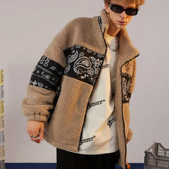 Patchwork Faux Fur Jacket with Standing Collar