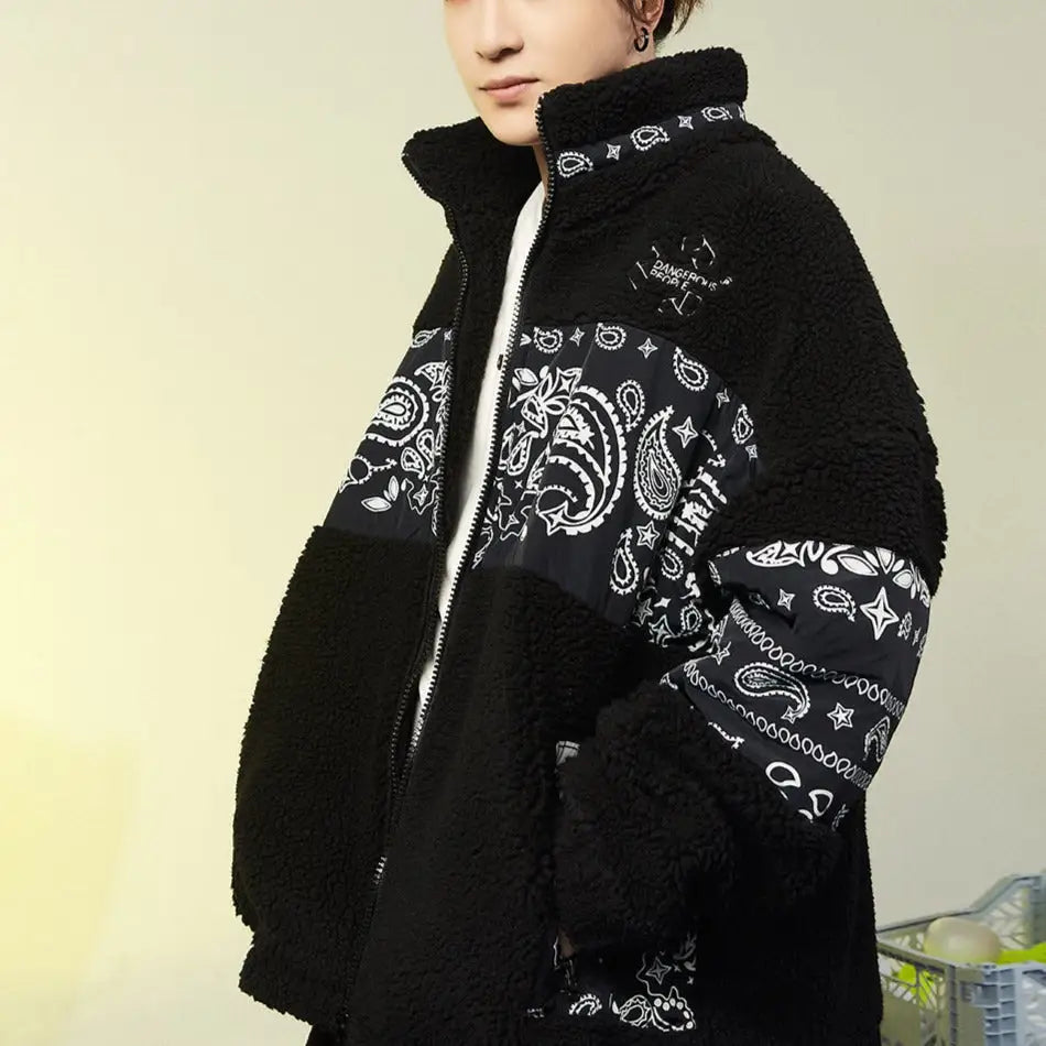 Patchwork Faux Fur Jacket with Standing Collar