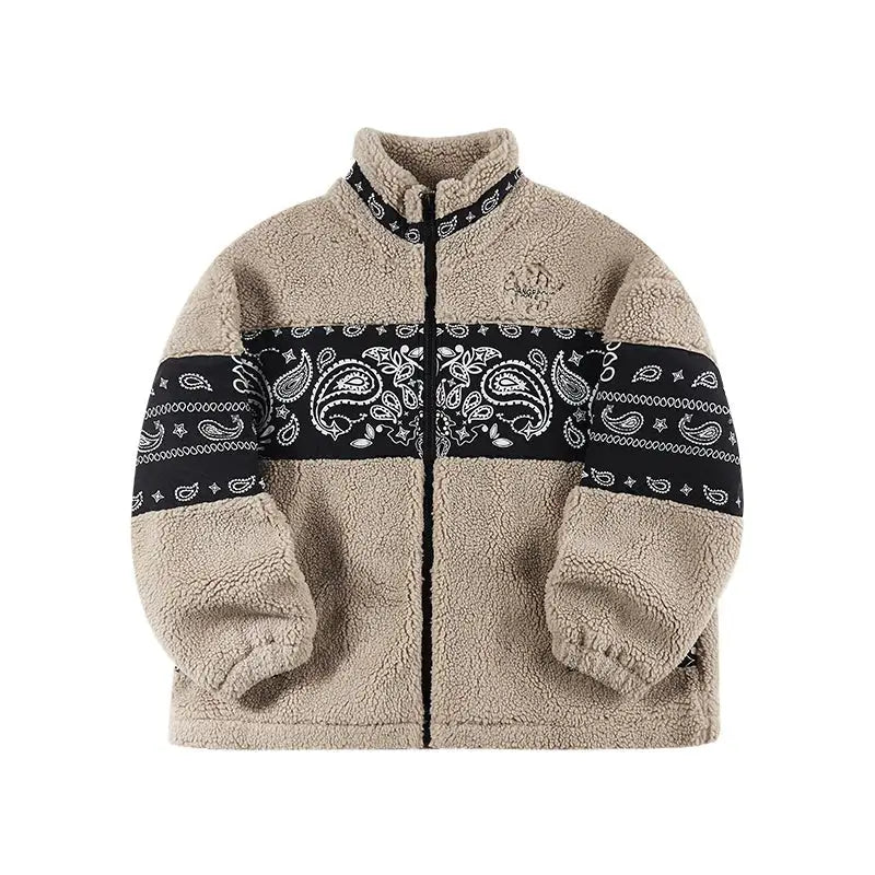 Patchwork Faux Fur Jacket with Standing Collar Khaki / S