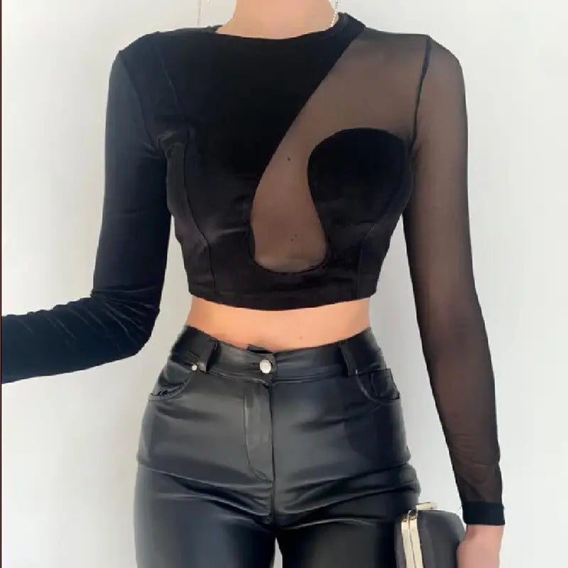 Patchwork Mesh See Through Crop Tops