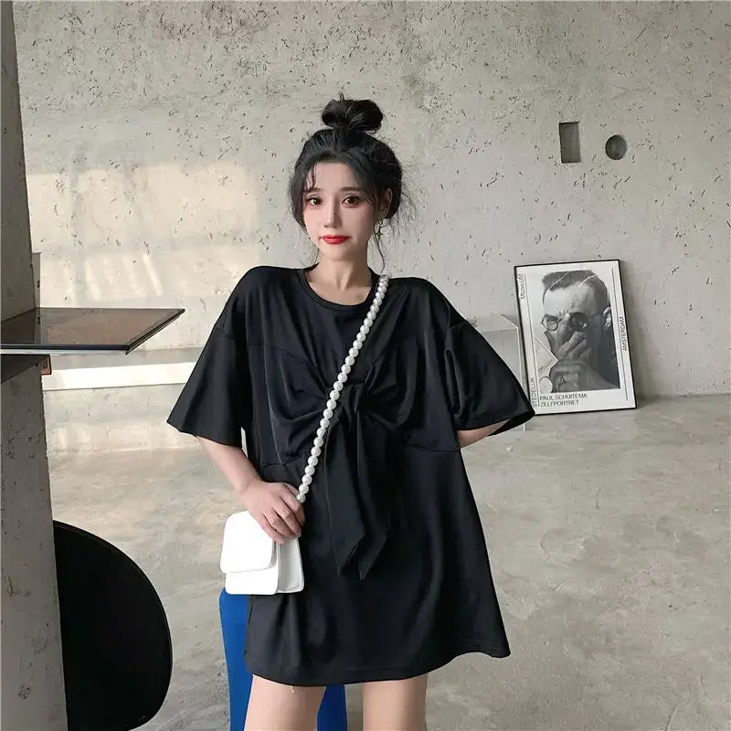 Patchwork O Neck Short Sleeve Bow T Shirt