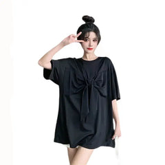 Patchwork O Neck Short Sleeve Bow T Shirt