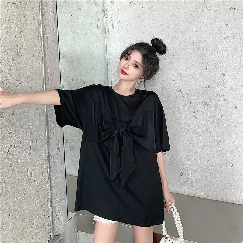 Patchwork O Neck Short Sleeve Bow T Shirt