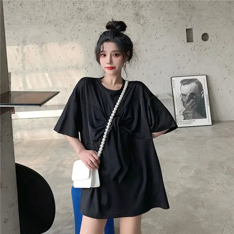 Patchwork O Neck Short Sleeve Bow T Shirt Black / M