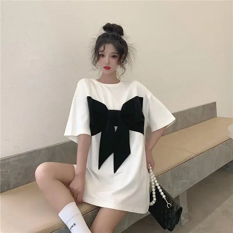 Patchwork O-Neck Short Sleeve Bow T- Shirt