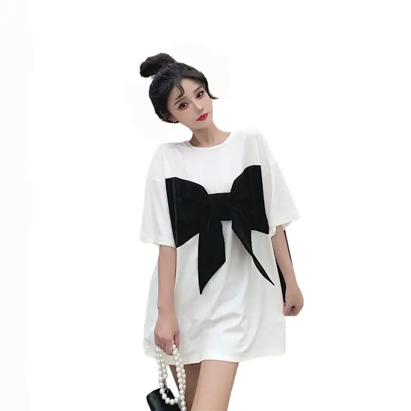 Patchwork O-Neck Short Sleeve Bow T- Shirt