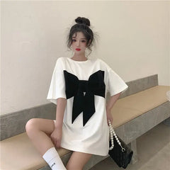 Patchwork O Neck Short Sleeve Bow T Shirt White / M