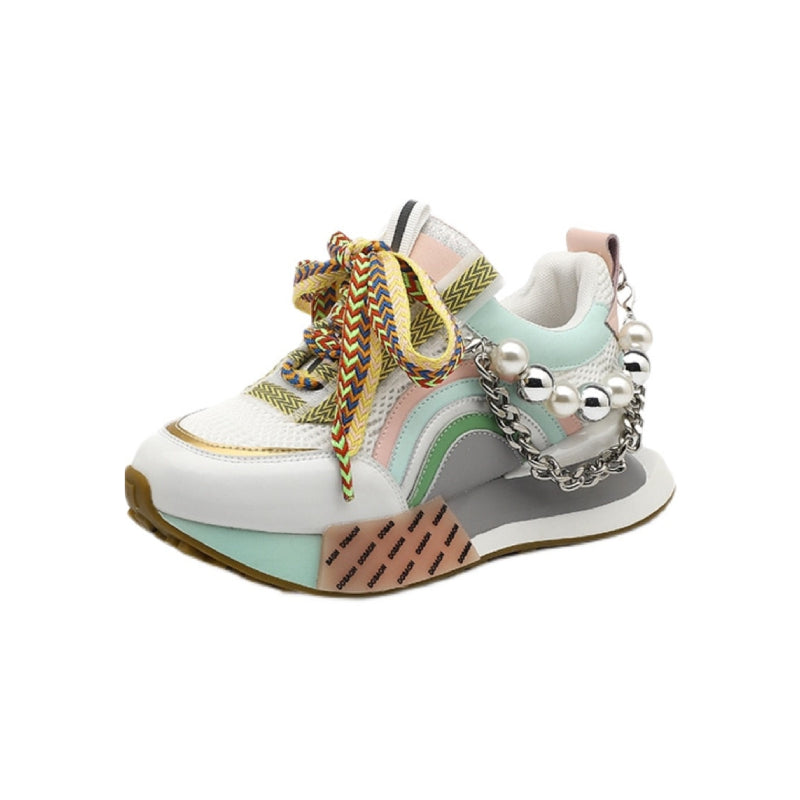 Patchwork Pearl Y Chain Platform Sneakers - White Green / 35