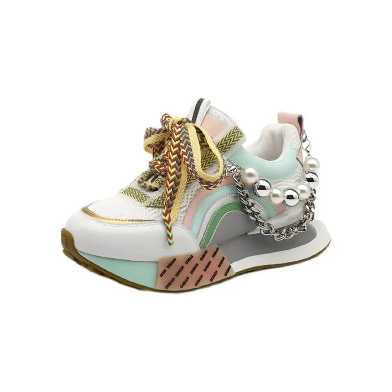 Patchwork Pearl Y Chain Platform Sneakers