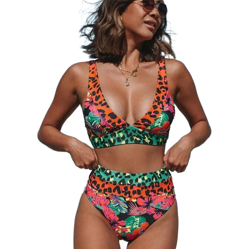 Patchwork Push Up Suit Leopard Swimsuit - Multicolor / S
