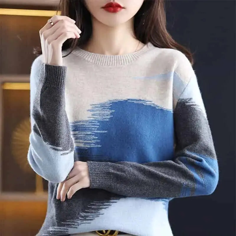 Patchwork Stretch Long Sleeved O Neck Sweater White - Blue