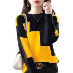 Patchwork Stretcth Long Sleeved O Neck Sweater