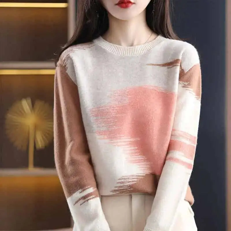 Patchwork Stretcth Long Sleeved O Neck Sweater - Apricot / S