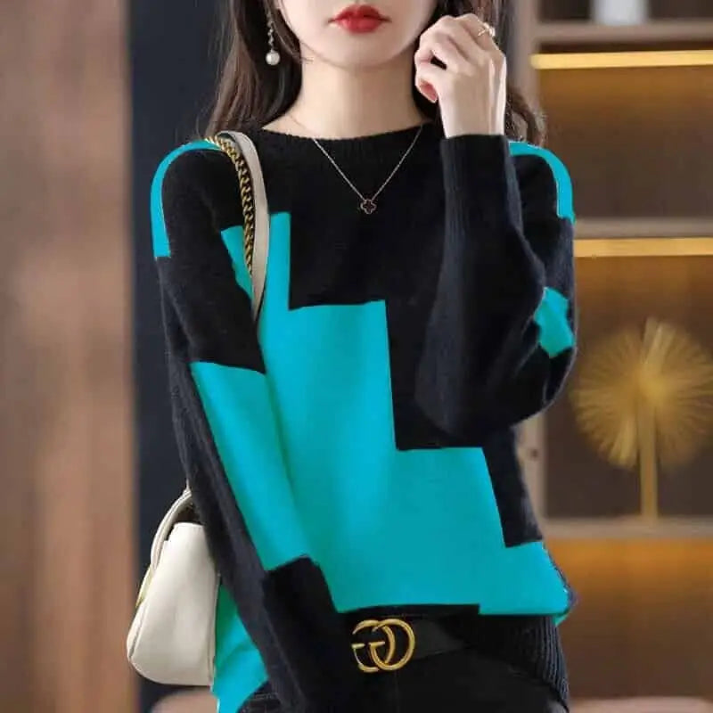 Patchwork Stretcth Long Sleeved O Neck Sweater - Blue / S