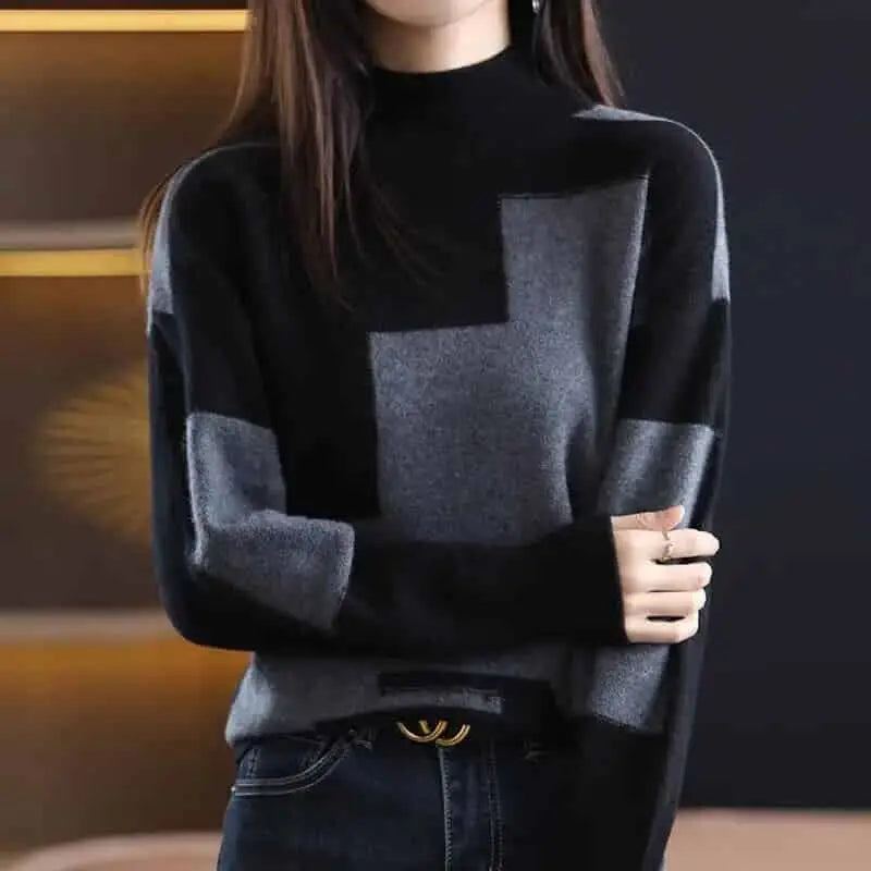 Patchwork Stretcth Long Sleeved O Neck Sweater