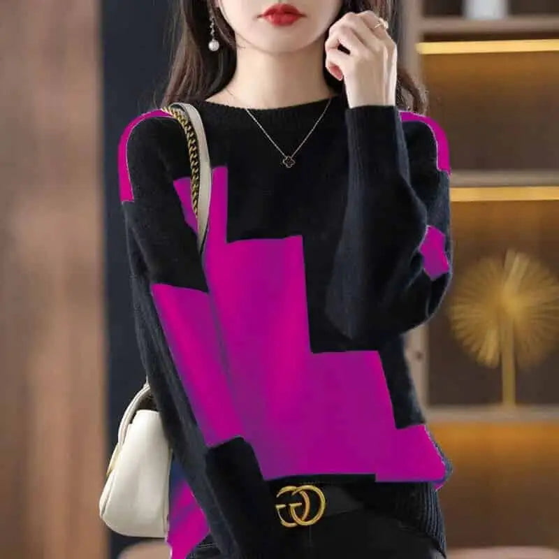 Patchwork Stretcth Long Sleeved O Neck Sweater