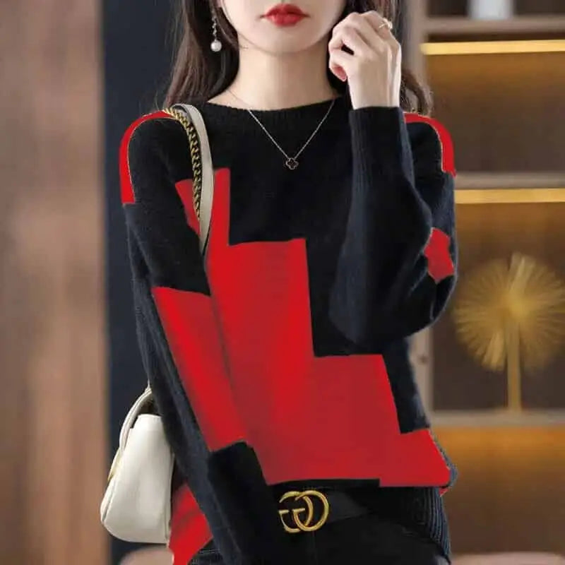 Patchwork Stretcth Long Sleeved O Neck Sweater - Red / S