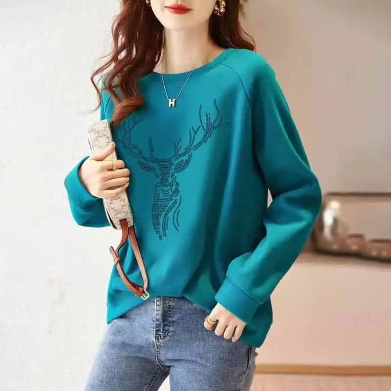 Patchwork Stretcth Long Sleeved O Neck Sweater - Turqoise