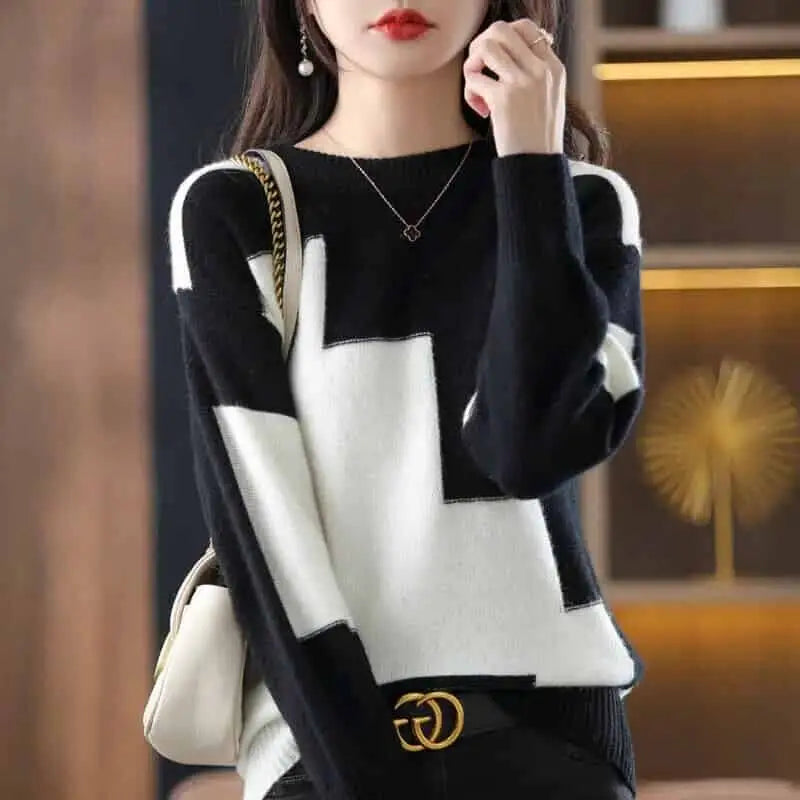 Patchwork Stretcth Long Sleeved O Neck Sweater - White / S