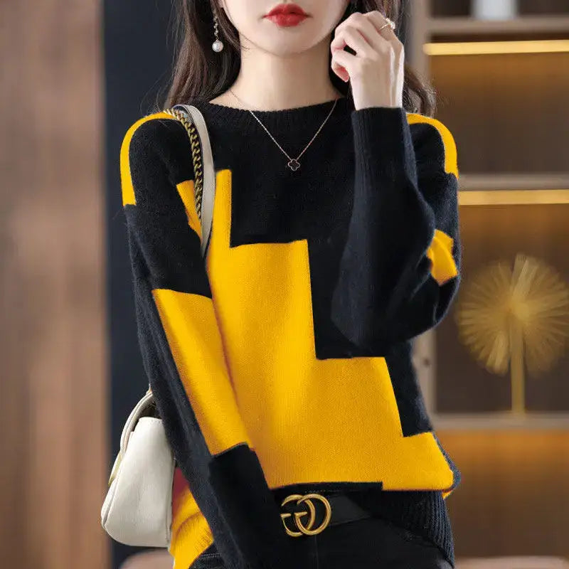 Patchwork Stretcth Long Sleeved O Neck Sweater - Yellow / S
