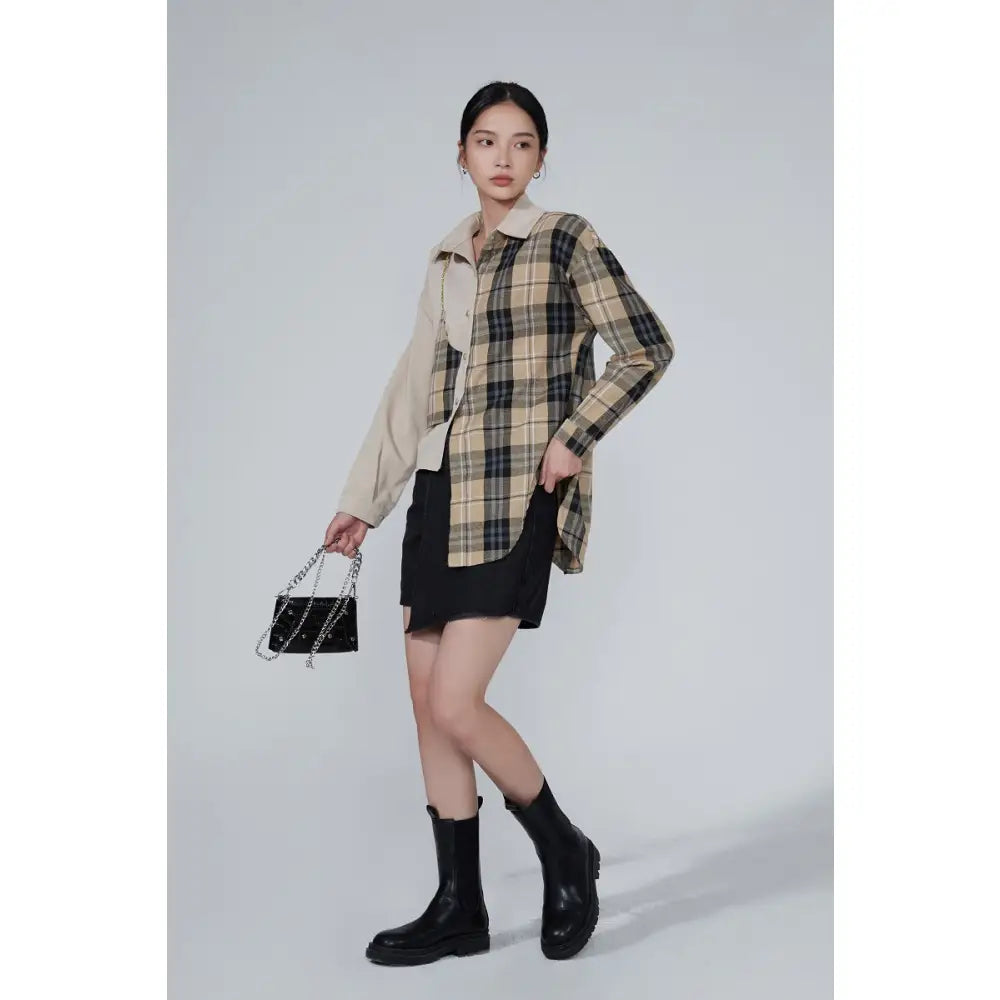 Patchwork Turn Down Long Sleeve Fashion Blouse